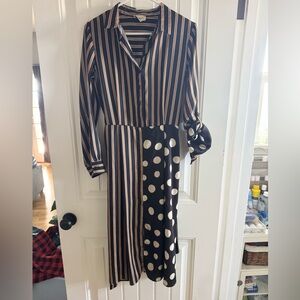 DIXIE Striped and Polka Dot Black, Brown and Cream Satin Dress made in Italy